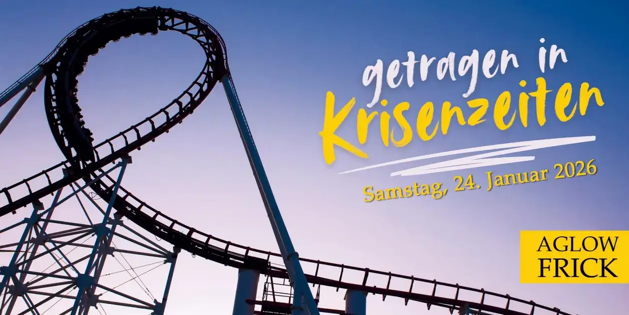 Man sieht ein Flyer Bild für die Einladung am AGLOW morgen. Thema Krisenzeit. Auf dem Flyer sieht man eine Achterbahn.