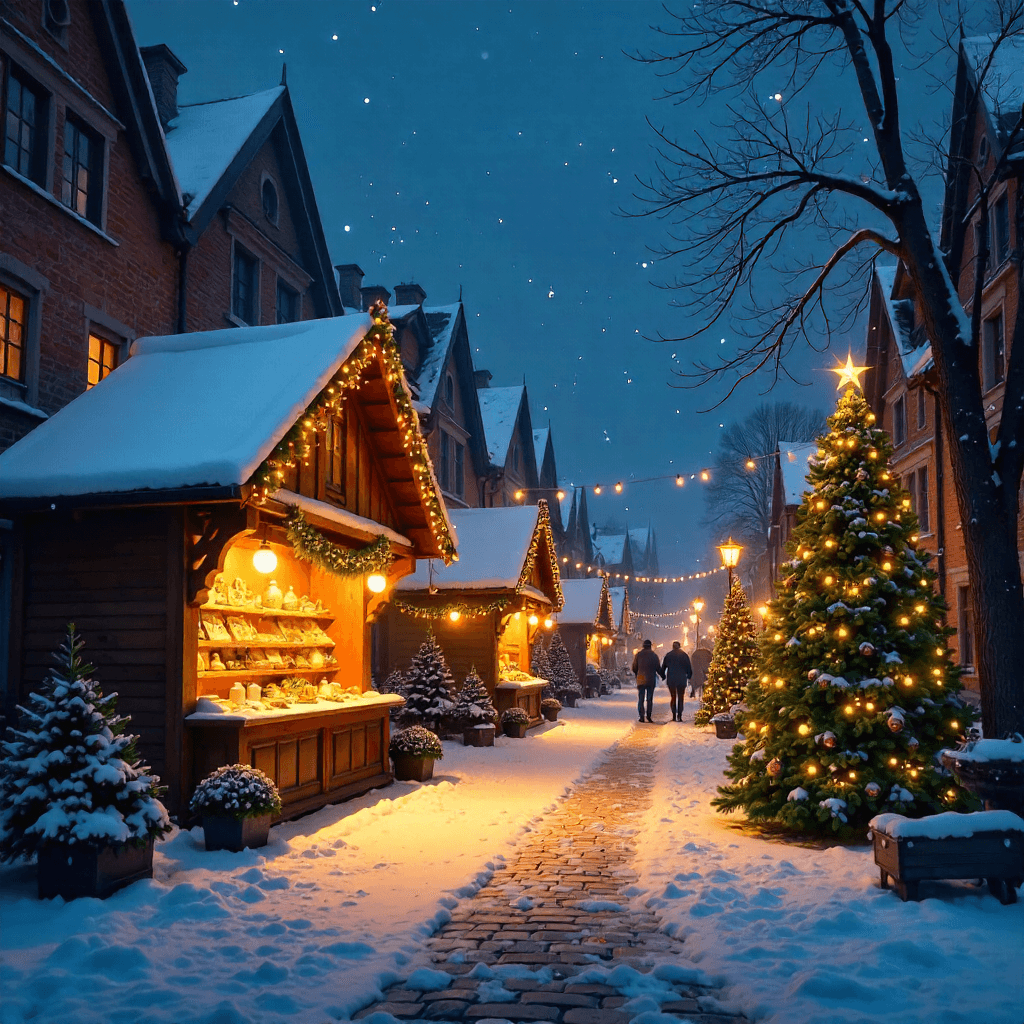 Man sieht ein Weihnachtsmarkt im Winter und eine Weihnachsbaum