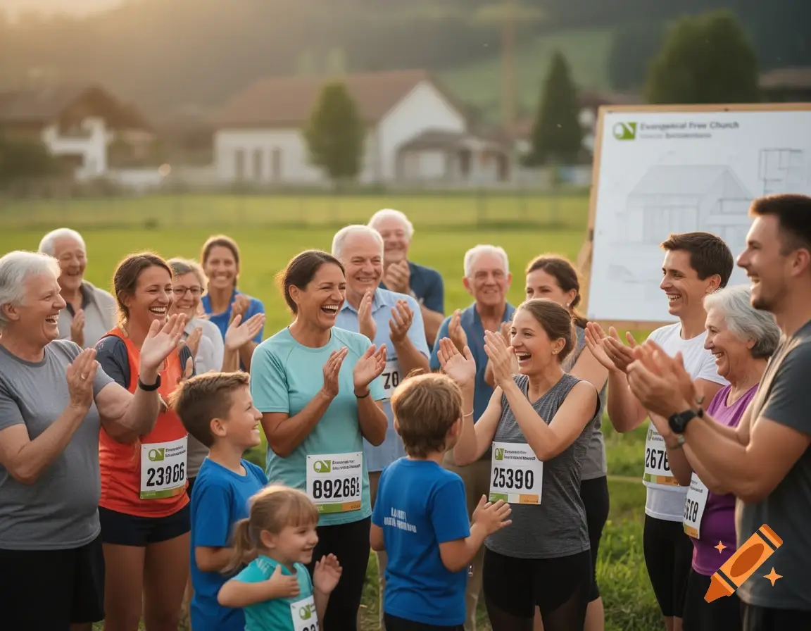 Man sihet fröhliche Menschen auf einem Bild welche am Sponsorenlauf der Viva Kirche Frick mit gemacht haben.