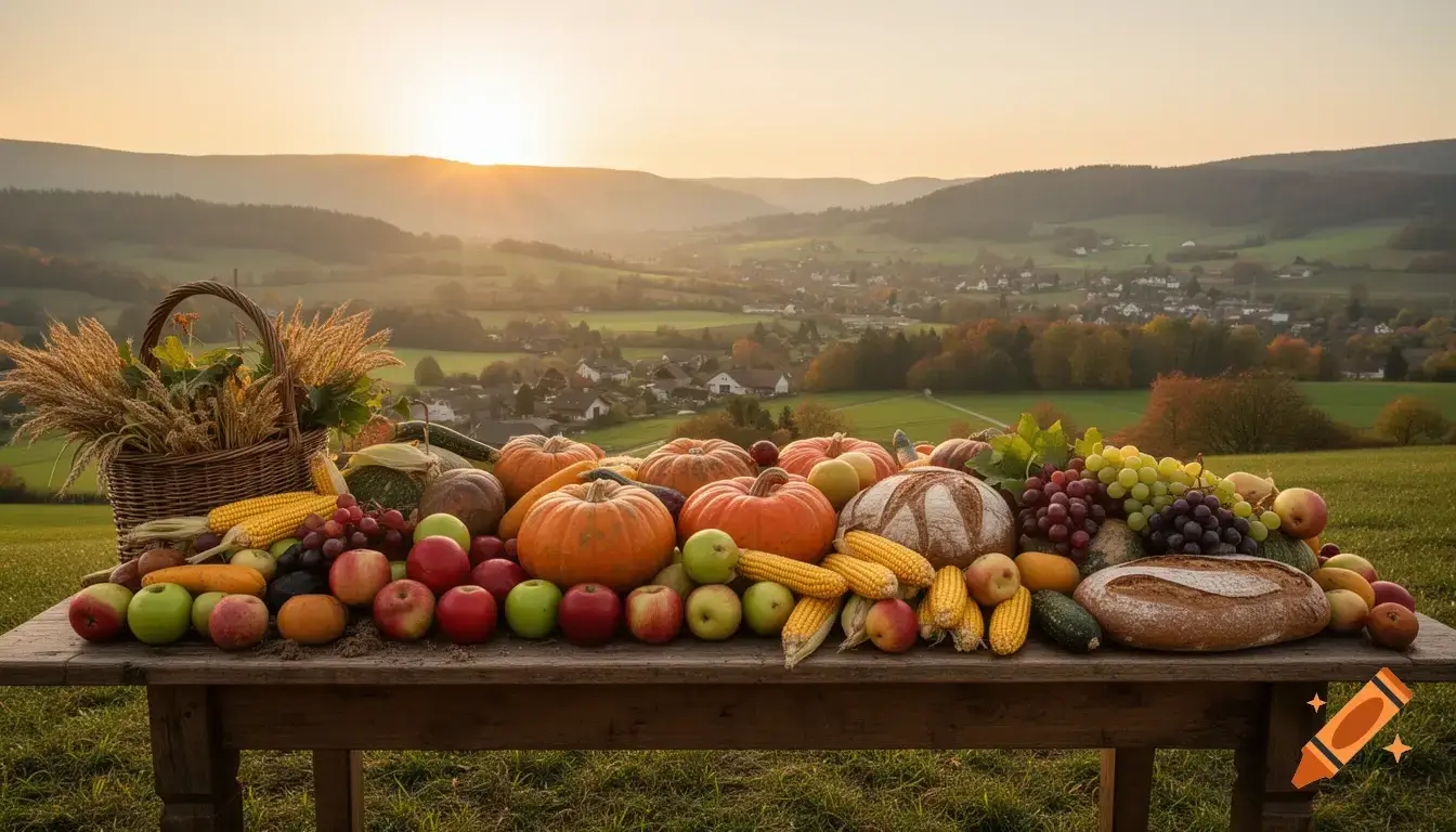 Man sieht ein Tisch mit Obst und Gemüsse im Hindergrund kann man dasFriocktal erkennen.